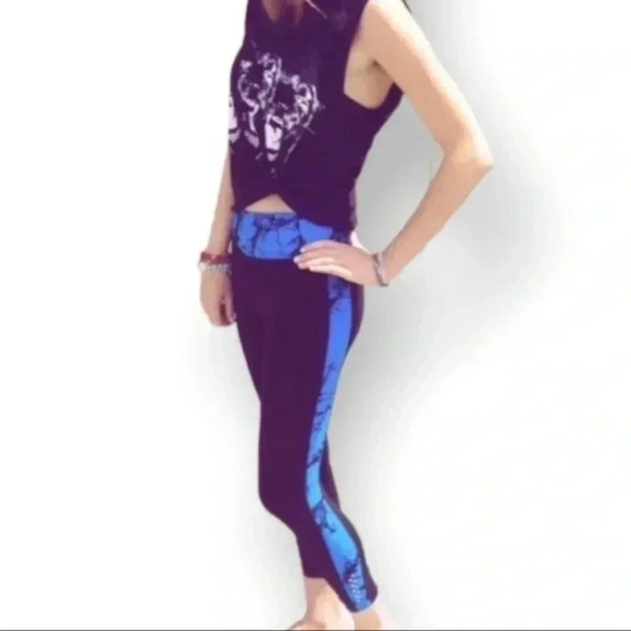 KURVE Wide Band Tie-Dye Blue Black Column Contrast Activewear Calf Legging OS - Picture 4 of 6